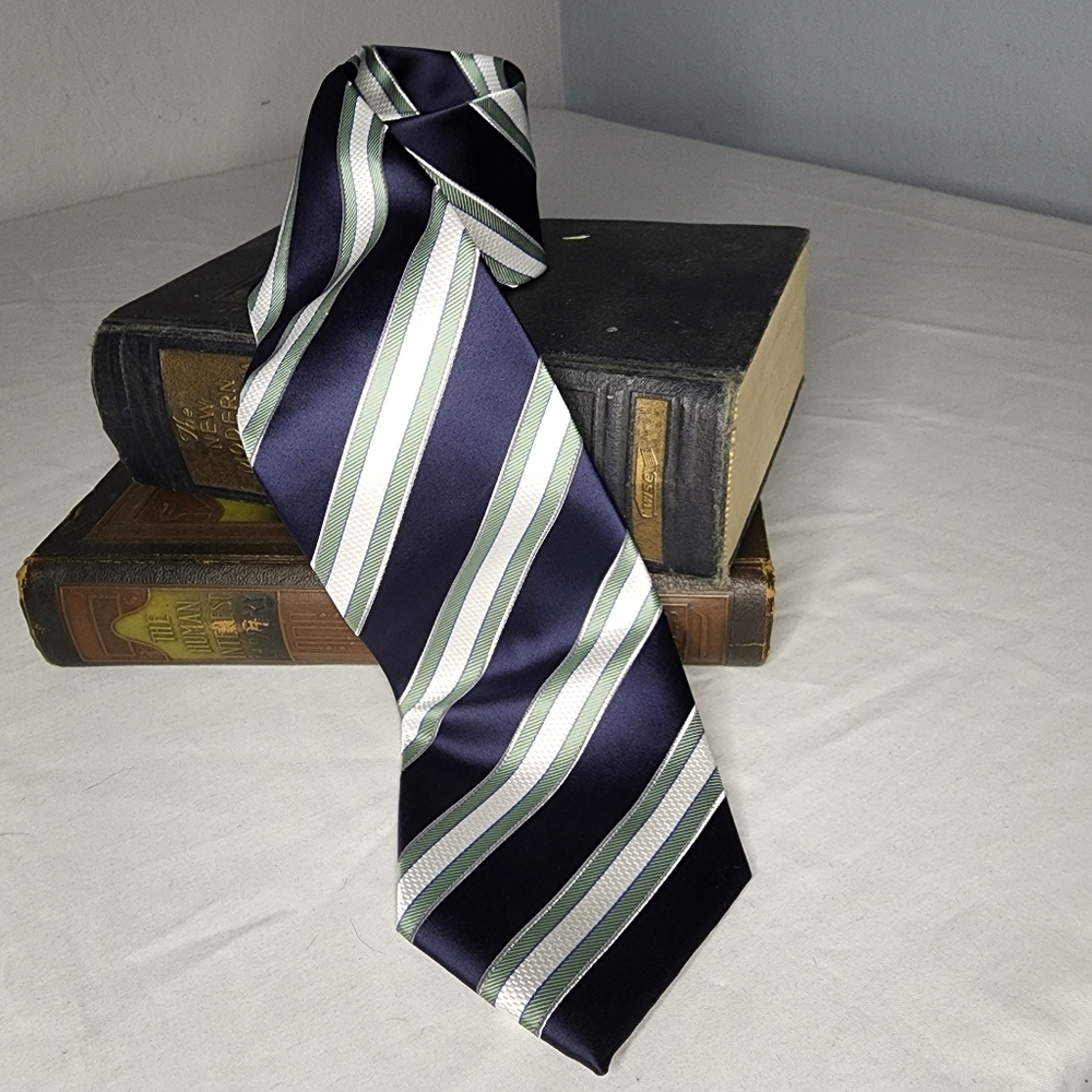2/$20 Bill Blass Navy, Sage, and White Striped Tie.